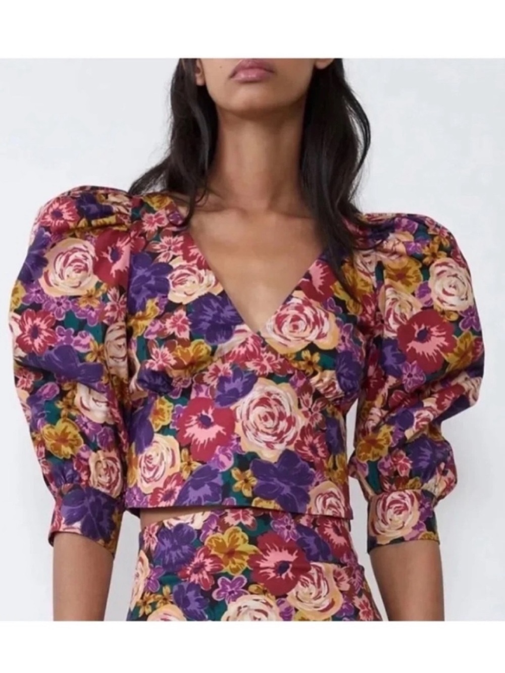 Zara Floral Poplin Puff Sleeve Crop Blouse XL Cottagecore Romantic NWT